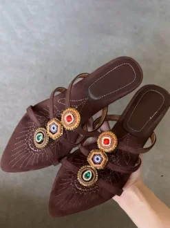 Boho Sandal Slides Women's Open Toe Bead Wedge Heel Slippers