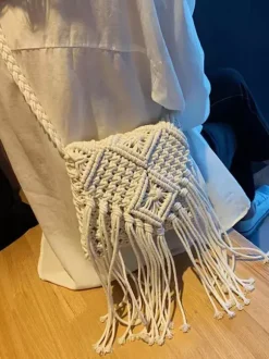 Boho Tassel Macrame Crossbody Bag Hand Woven Cotton Rope Mini Shoulder Purse Beach Vacation Bag