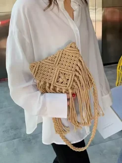 Boho Tassel Macrame Crossbody Bag Hand Woven Cotton Rope Mini Shoulder Purse Beach Vacation Bag