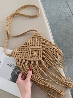 Boho Tassel Macrame Crossbody Bag Hand Woven Cotton Rope Mini Shoulder Purse Beach Vacation Bag