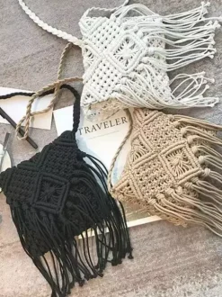 Boho Tassel Macrame Crossbody Bag Hand Woven Cotton Rope Mini Shoulder Purse Beach Vacation Bag
