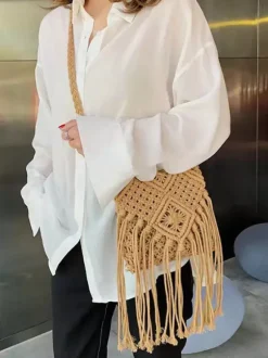 Boho Tassel Macrame Crossbody Bag Hand Woven Cotton Rope Mini Shoulder Purse Beach Vacation Bag