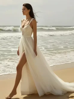 Boho Wedding Dress A-Line Designed Neckline Sleeveless Split Front Bridal Gowns