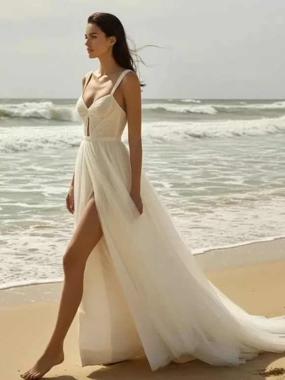 Boho Wedding Dress A-Line Designed Neckline Sleeveless Split Front Bridal Gowns