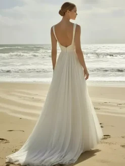 Boho Wedding Dress A-Line Designed Neckline Sleeveless Split Front Bridal Gowns