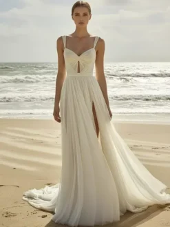 Boho Wedding Dress A-Line Designed Neckline Sleeveless Split Front Bridal Gowns