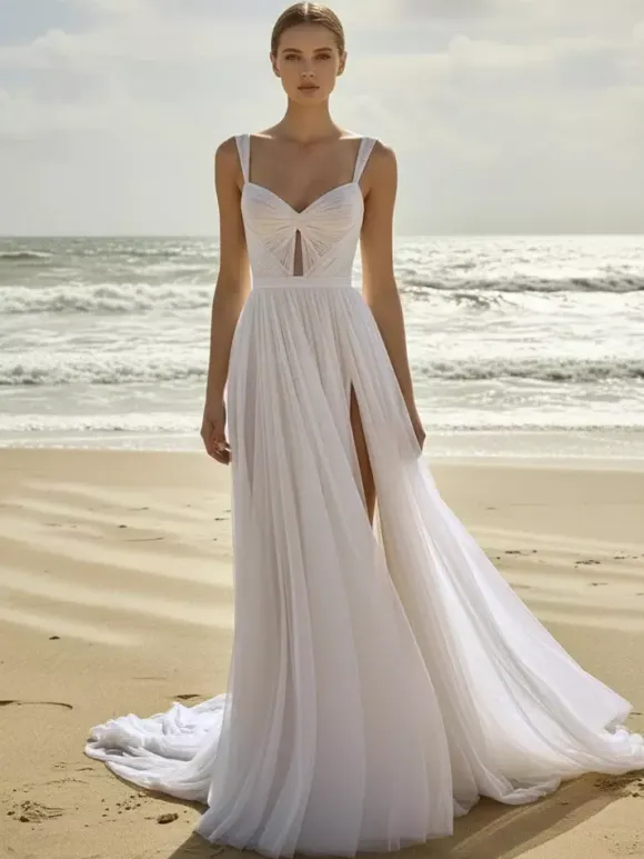 Boho Wedding Dress A-Line Designed Neckline Sleeveless Split Front Bridal Gowns