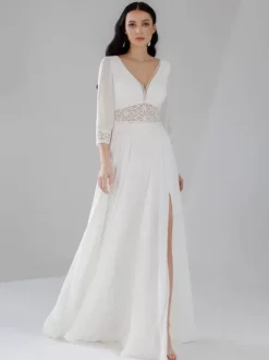 Boho Wedding Dress Chiffon Split Front A-Line With Train Natural Waist Backless 3/4 Length Sleeves V-Neck Ivory