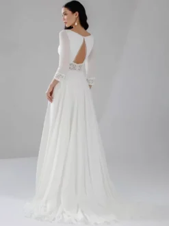 Boho Wedding Dress Chiffon Split Front A-Line With Train Natural Waist Backless 3/4 Length Sleeves V-Neck Ivory