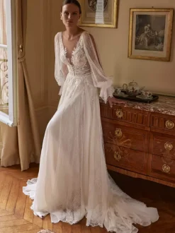 Boho Wedding Dress Chiffon Lace A-Line With Train Natural Waist Zipper Long Sleeves V-Neck White