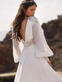 Boho Wedding Dress Chiffon Lace A-Line Sweep Natural Waist Zipper Long Sleeves V-Neck Ivory