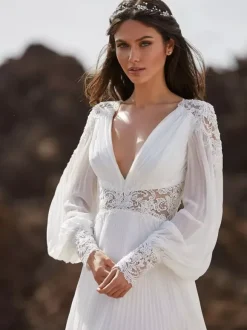 Boho Wedding Dress Chiffon Lace A-Line Sweep Natural Waist Zipper Long Sleeves V-Neck Ivory