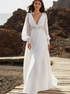 Boho Wedding Dress Chiffon Lace A-Line Sweep Natural Waist Zipper Long Sleeves V-Neck Ivory