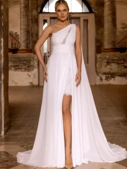 Boho Wedding Dress Chiffon Lace Two-piece With Train Natural Waist Zipper Sleeveless Designed Neckline Ivory