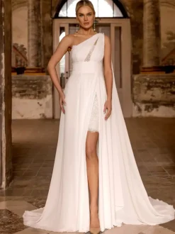 Boho Wedding Dress Chiffon Lace Two-piece With Train Natural Waist Zipper Sleeveless Designed Neckline Ivory