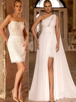 Boho Wedding Dress Chiffon Lace Two-piece With Train Natural Waist Zipper Sleeveless Designed Neckline Ivory