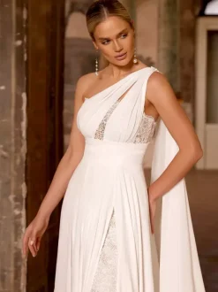 Boho Wedding Dress Chiffon Lace Two-piece With Train Natural Waist Zipper Sleeveless Designed Neckline Ivory