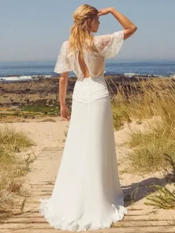 Boho Wedding Dress Chiffon Split Front A-Line With Train Natural Waist Wedding Dress Functional Buttons Short Sleeves V-Neck Ivory