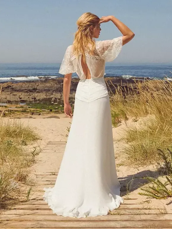 Boho Wedding Dress Chiffon Split Front A-Line With Train Natural Waist Wedding Dress Functional Buttons Short Sleeves V-Neck Ivory