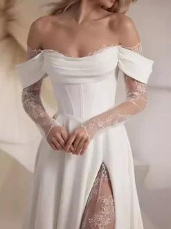 Boho Wedding Dress Designed Neckline Long Sleeves With Train Lace Bridal Gowns