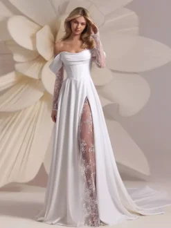 Boho Wedding Dress Designed Neckline Long Sleeves With Train Lace Bridal Gowns