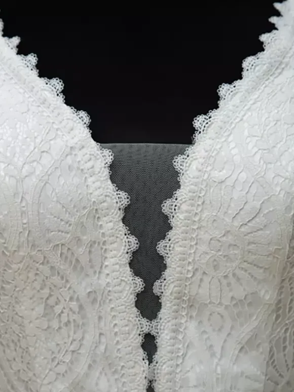 Boho Wedding Dress Lace Cut Out Ball Gown With Train Natural Waist Backless Long Sleeves V-Neck Ivory