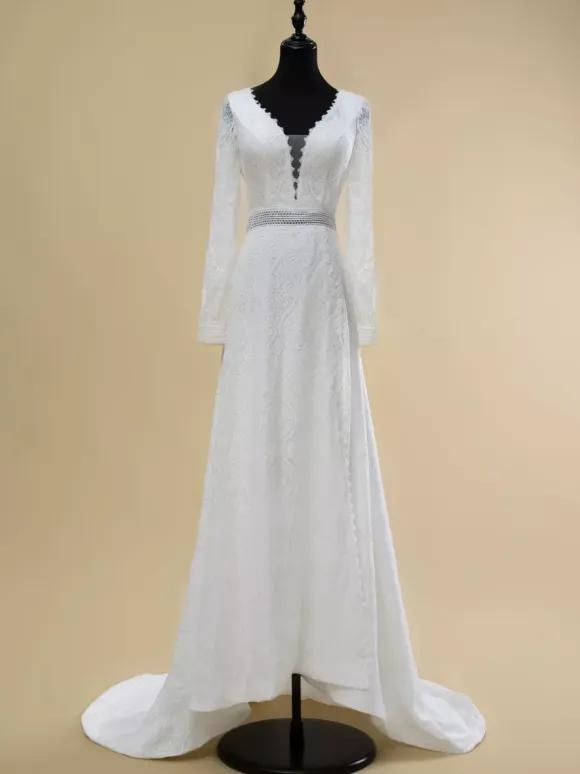 Boho Wedding Dress Lace Cut Out Ball Gown With Train Natural Waist Backless Long Sleeves V-Neck Ivory