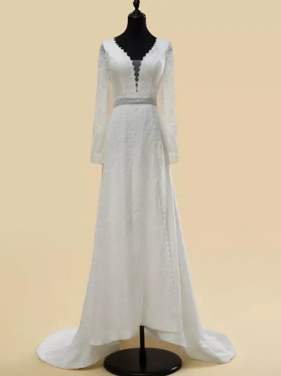 Boho Wedding Dress Lace Cut Out Ball Gown With Train Natural Waist Backless Long Sleeves V-Neck Ivory