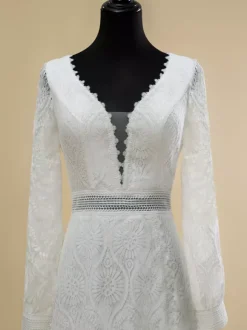Boho Wedding Dress Lace Cut Out Ball Gown With Train Natural Waist Backless Long Sleeves V-Neck Ivory
