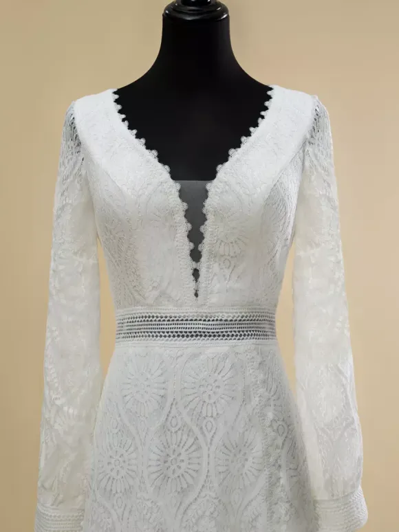 Boho Wedding Dress Lace Cut Out Ball Gown With Train Natural Waist Backless Long Sleeves V-Neck Ivory