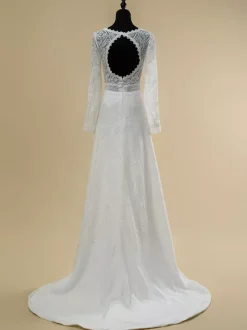 Boho Wedding Dress Lace Cut Out Ball Gown With Train Natural Waist Backless Long Sleeves V-Neck Ivory