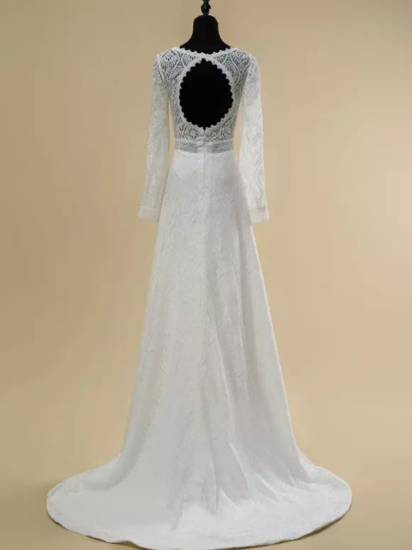 Boho Wedding Dress Lace Cut Out Ball Gown With Train Natural Waist Backless Long Sleeves V-Neck Ivory