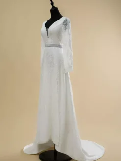 Boho Wedding Dress Lace Cut Out Ball Gown With Train Natural Waist Backless Long Sleeves V-Neck Ivory