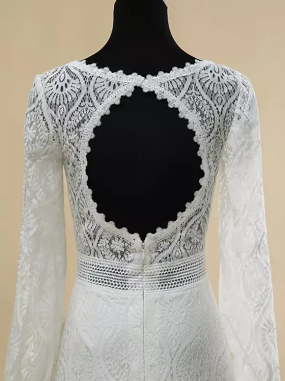 Boho Wedding Dress Lace Cut Out Ball Gown With Train Natural Waist Backless Long Sleeves V-Neck Ivory