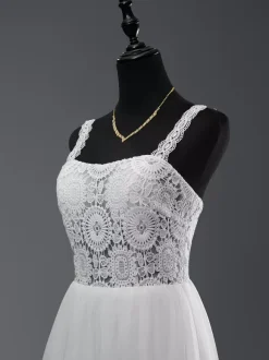 Boho Wedding Dress Lace Cut Out A-Line Floor-Length Natural Waist Zipper Sleeveless Designed Neckline Ivory
