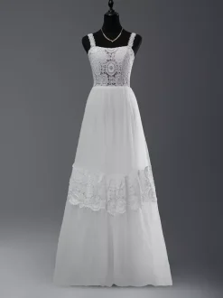 Boho Wedding Dress Lace Cut Out A-Line Floor-Length Natural Waist Zipper Sleeveless Designed Neckline Ivory