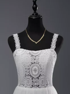 Boho Wedding Dress Lace Cut Out A-Line Floor-Length Natural Waist Zipper Sleeveless Designed Neckline Ivory