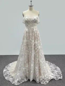Boho Wedding Dress Lace Lace A-Line Court Train Natural Waist Backless Sleeveless Sweetheart Neck Ivory