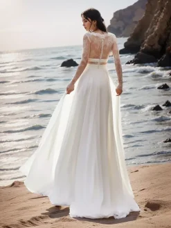 Boho Wedding Dress Lace Lace A-Line Sweep Natural Waist Wedding Dress Functional Buttons Long Sleeves Bateau Neck Ivory