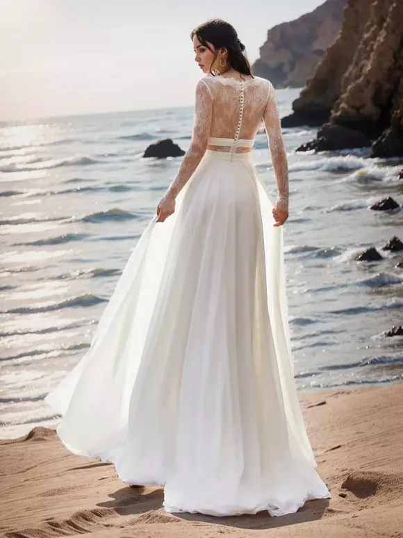 Boho Wedding Dress Lace Lace A-Line Sweep Natural Waist Wedding Dress Functional Buttons Long Sleeves Bateau Neck Ivory