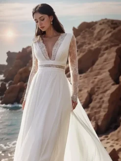 Boho Wedding Dress Lace Lace A-Line Sweep Natural Waist Wedding Dress Functional Buttons Long Sleeves Bateau Neck Ivory