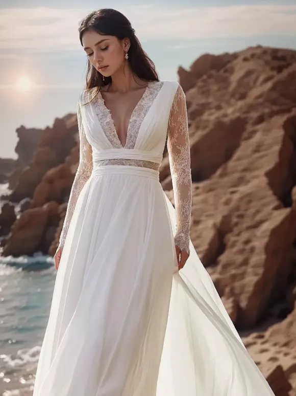 Boho Wedding Dress Lace Lace A-Line Sweep Natural Waist Wedding Dress Functional Buttons Long Sleeves Bateau Neck Ivory