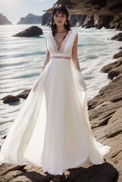 Boho Wedding Dress Lace Lace A-Line Sweep Natural Waist Wedding Dress Functional Buttons Long Sleeves Bateau Neck Ivory