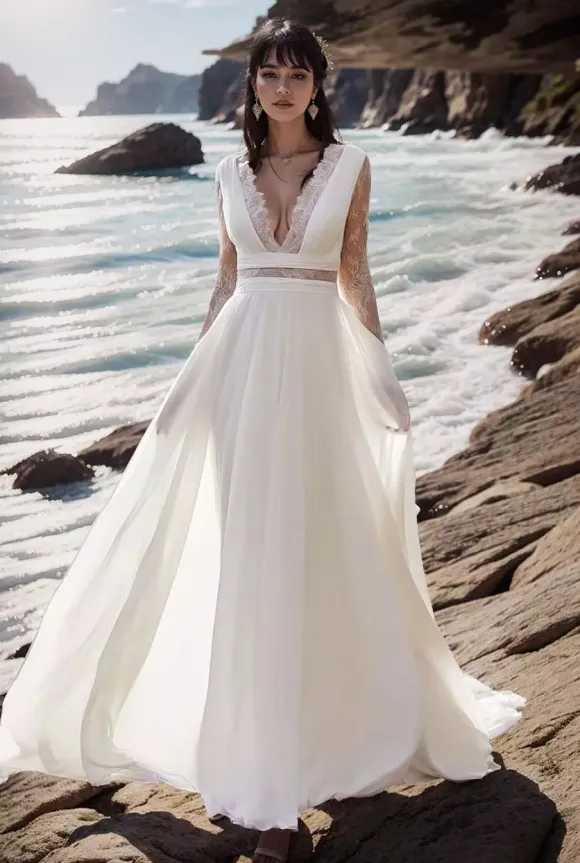Boho Wedding Dress Lace Lace A-Line Sweep Natural Waist Wedding Dress Functional Buttons Long Sleeves Bateau Neck Ivory