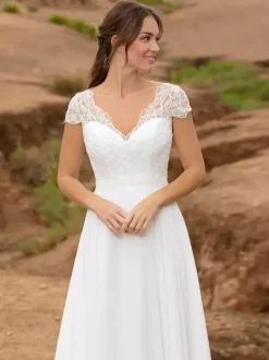 Boho Wedding Dress Lace Lace Ball Gown With Train Natural Waist Backless Short Sleeves V-Neck White
