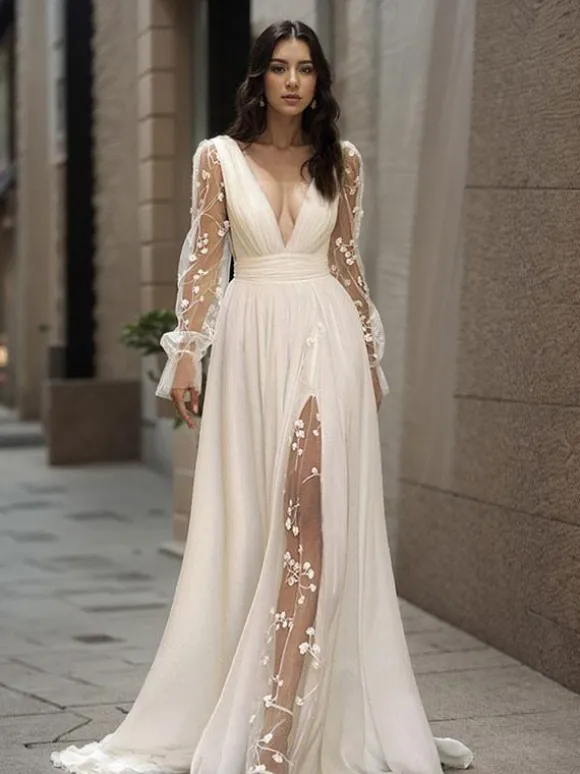 Boho Wedding Dress Lace Lace A-Line Sweep Natural Waist Backless Long Sleeves V-Neck Ivory