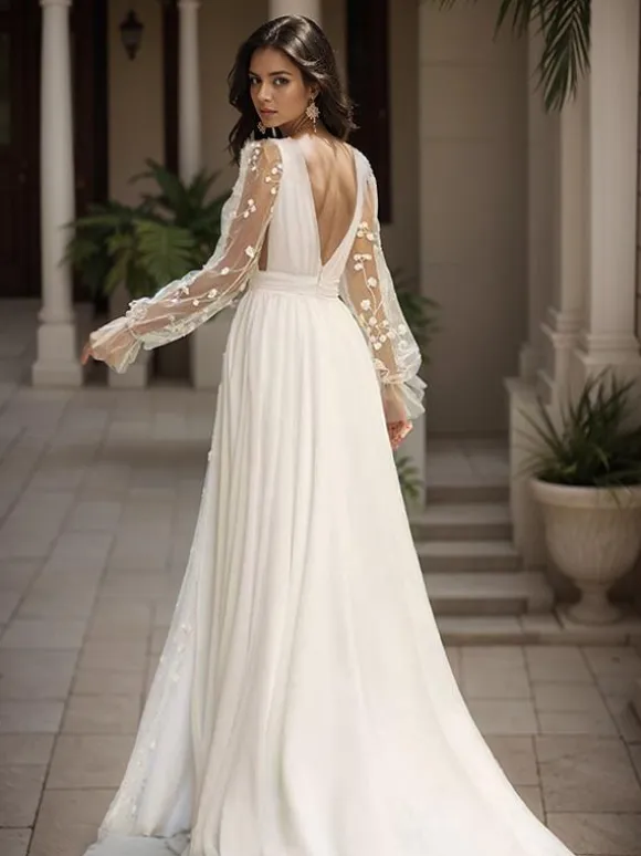 Boho Wedding Dress Lace Lace A-Line Sweep Natural Waist Backless Long Sleeves V-Neck Ivory