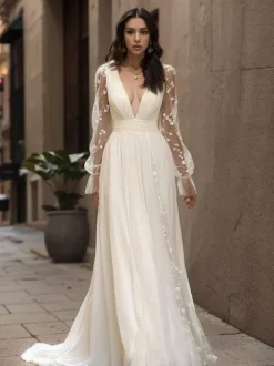 Boho Wedding Dress Lace Lace A-Line Sweep Natural Waist Backless Long Sleeves V-Neck Ivory