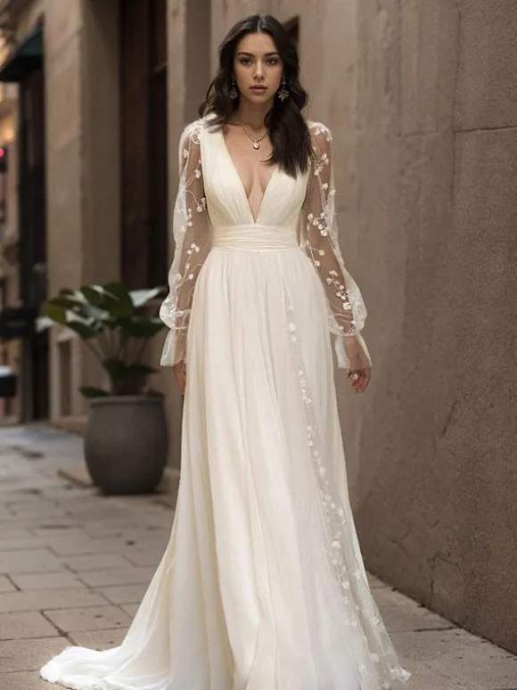 Boho Wedding Dress Lace Lace A-Line Sweep Natural Waist Backless Long Sleeves V-Neck Ivory