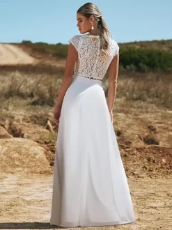 Boho Wedding Dress Lace Lace Two-piece Floor-Length Natural Waist Zipper Short Sleeves V-Neck Ivory